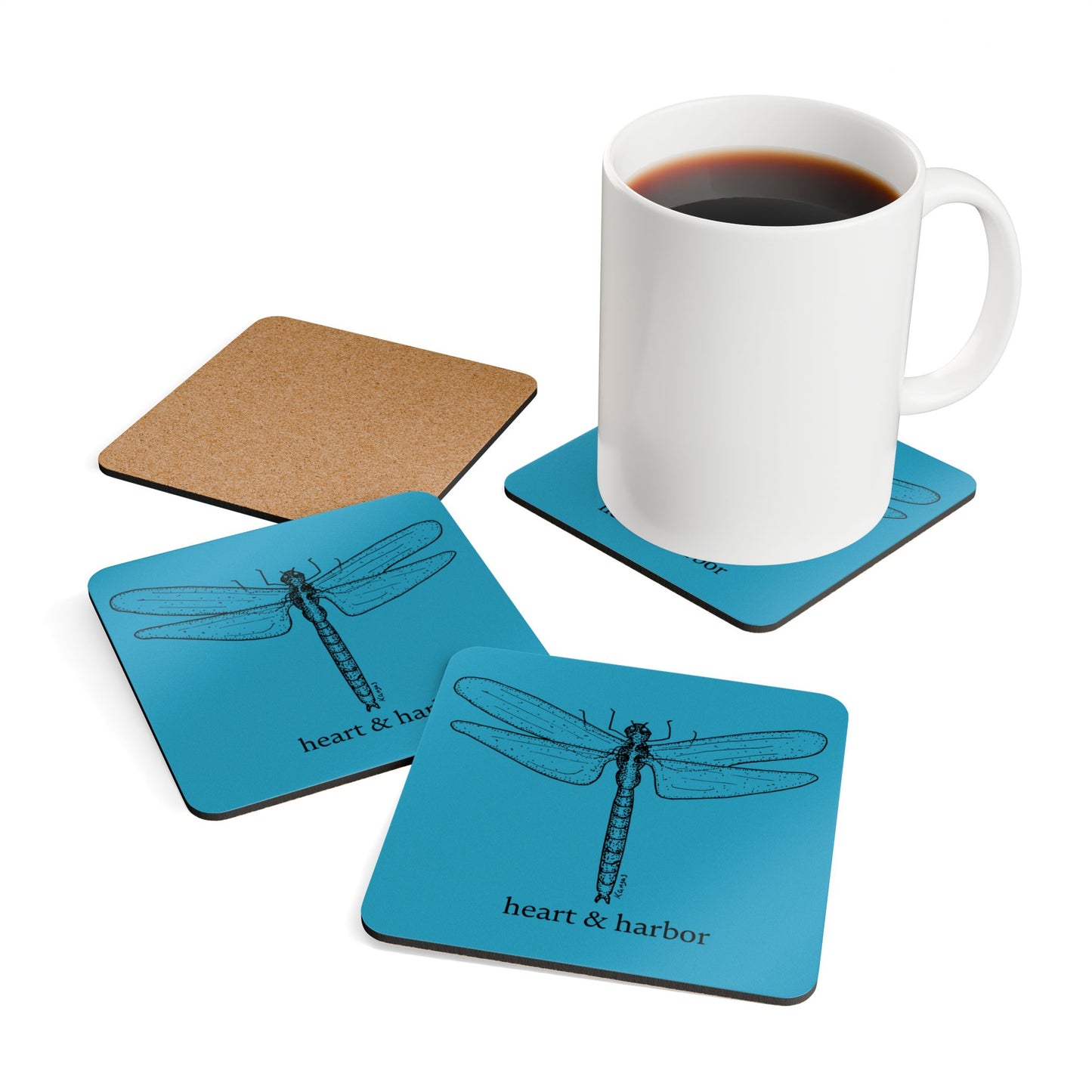 Hand-Drawn Dragonfly Coaster Set | Glossy Cork-Backed Nature Decor | Heart & Harbor | Teal