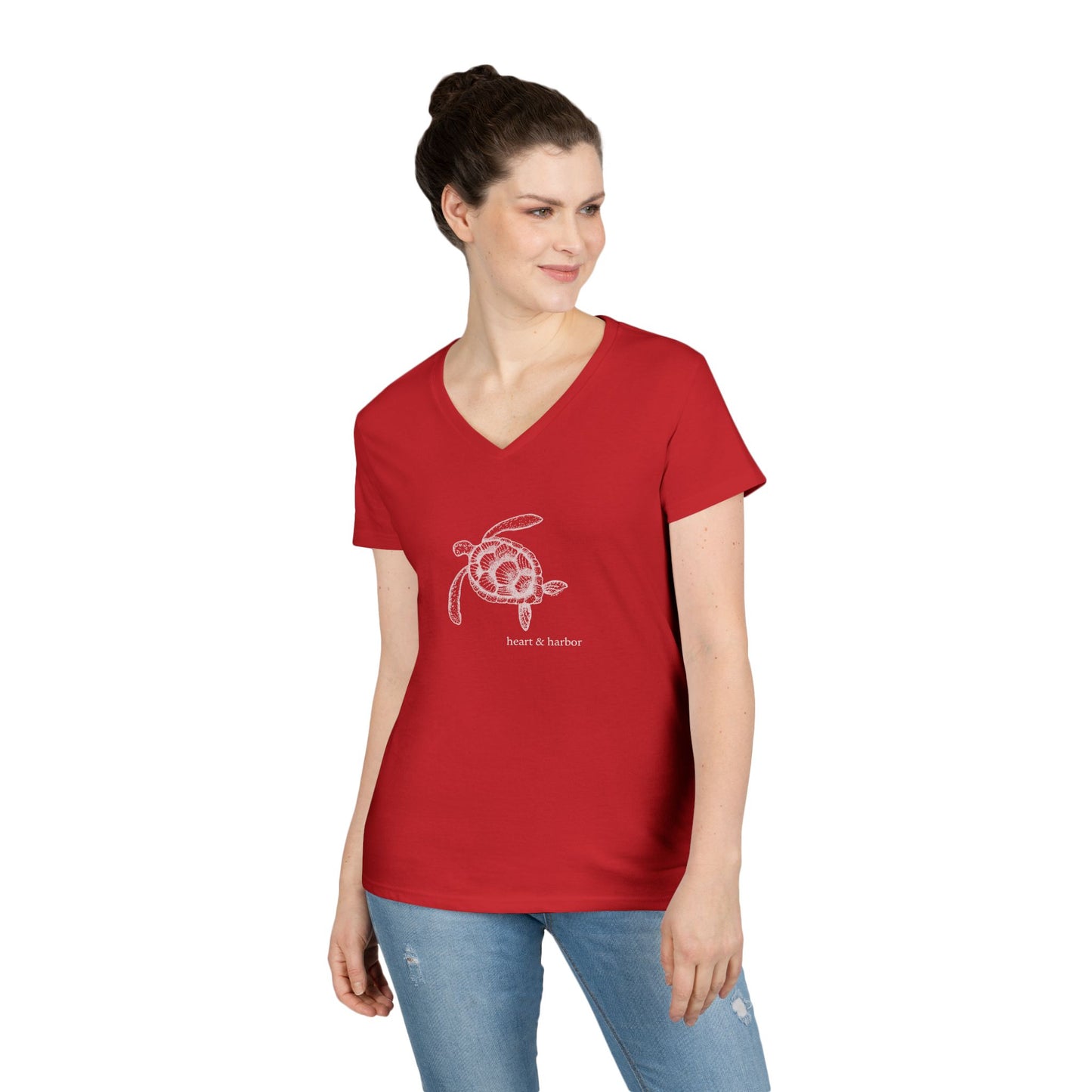 Sea Turtle Ladies V-Neck T-Shirt - White Ink