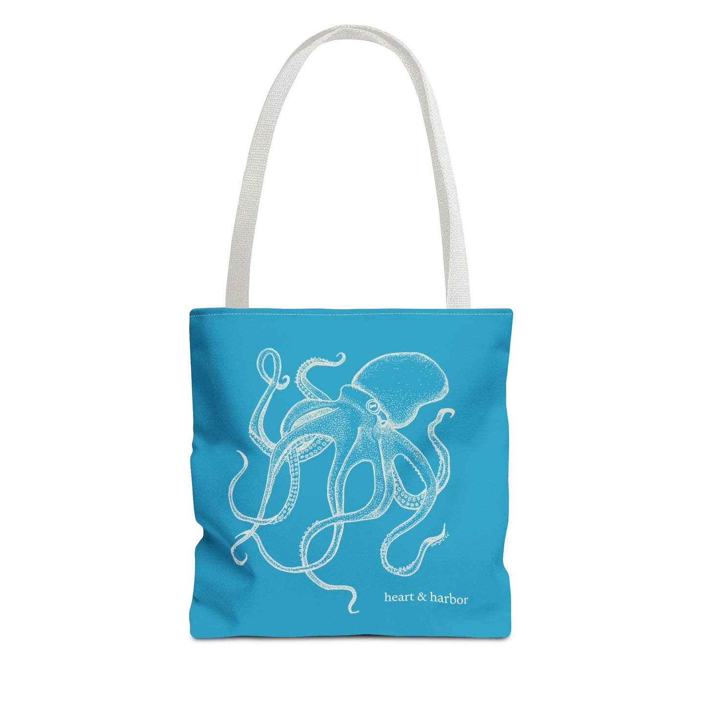 Turquoise tote bag with white octopus design and white handles