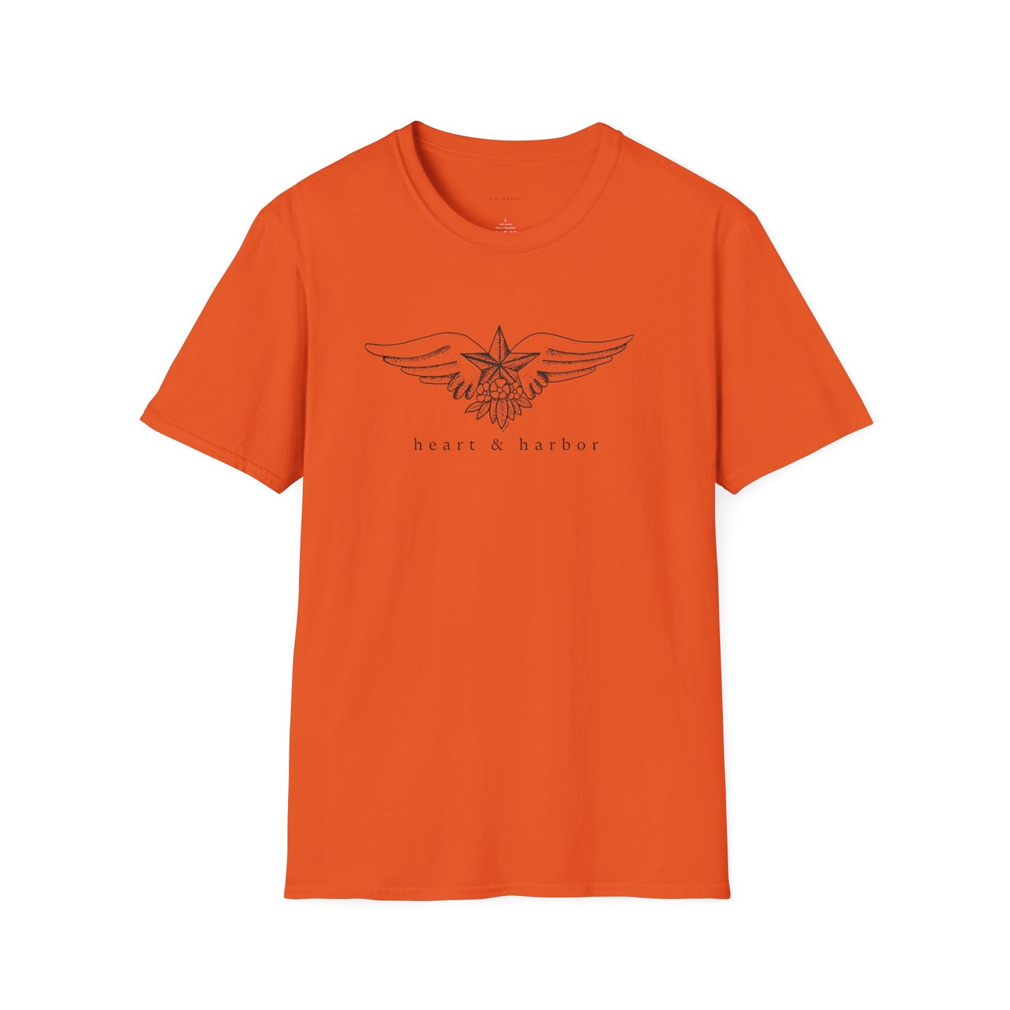 Orange t-shirt with vintage tattoo style nautical star with wings original art.