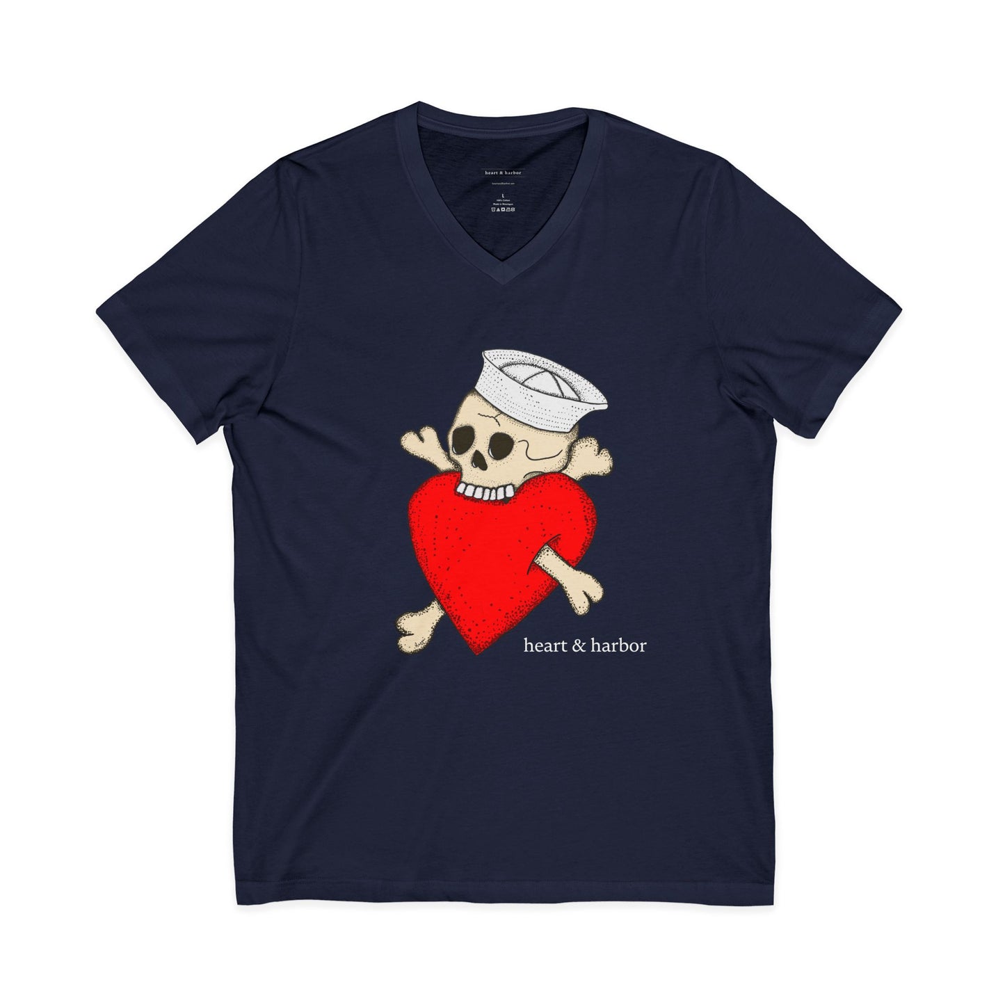 Navy blue t-shirt with a skull and crossbones design featuring a red heart on a white background.
