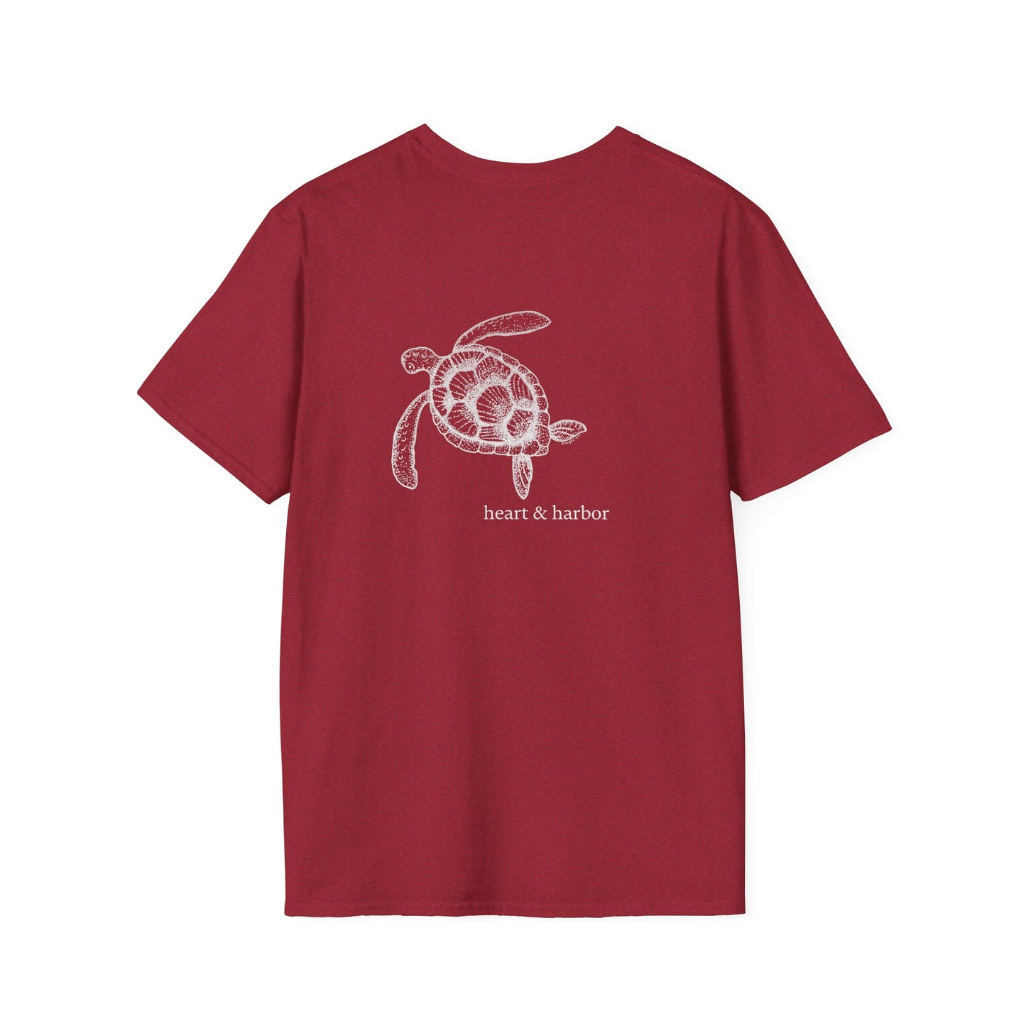 Deep Red t-shirt with a turtle design on the back of the shirt