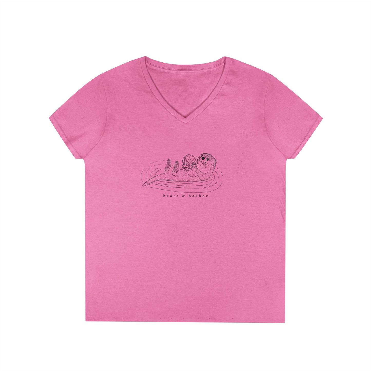 Pink v-neck t-shirt with a hand-drawn sea otter