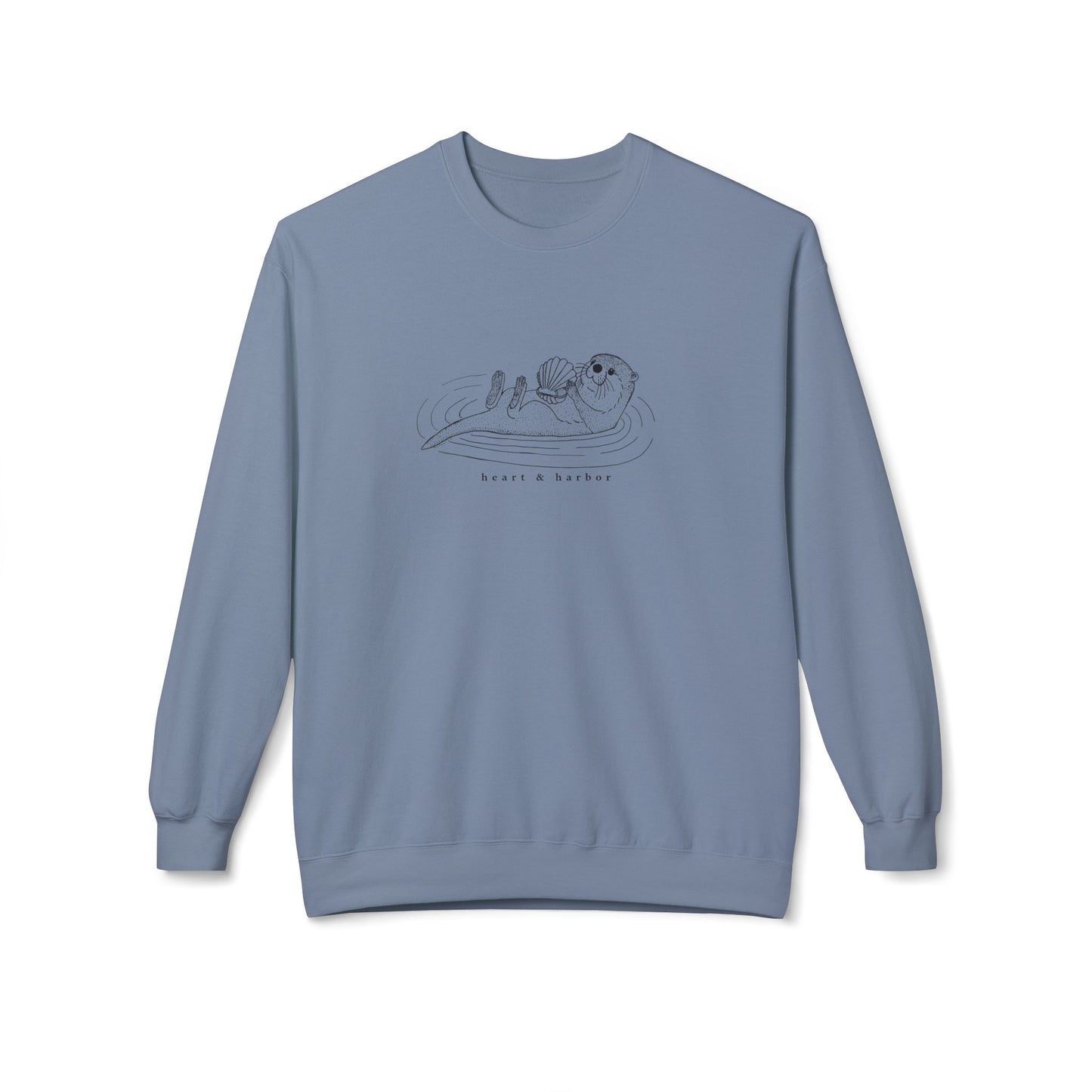 Stone blue crewneck sweatshirt with hand-drawn sea otter.