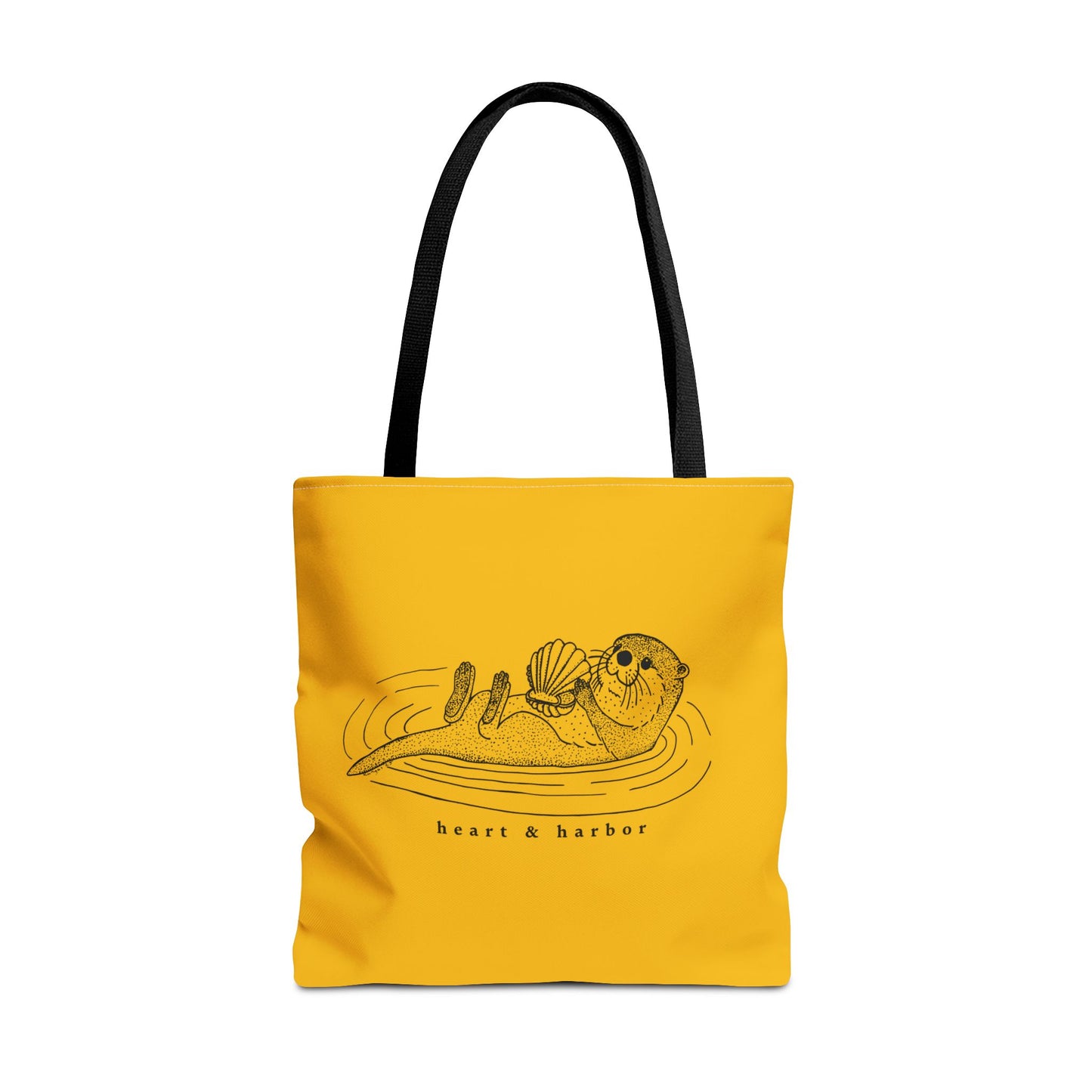 Yellow tote bag with hand-drawn sea otter by heart and harbor
