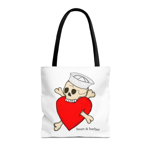 "Eat Your Heart Out" Sailor Skull Tote Bag | Durable Tote Bag | Heart & Harbor | White