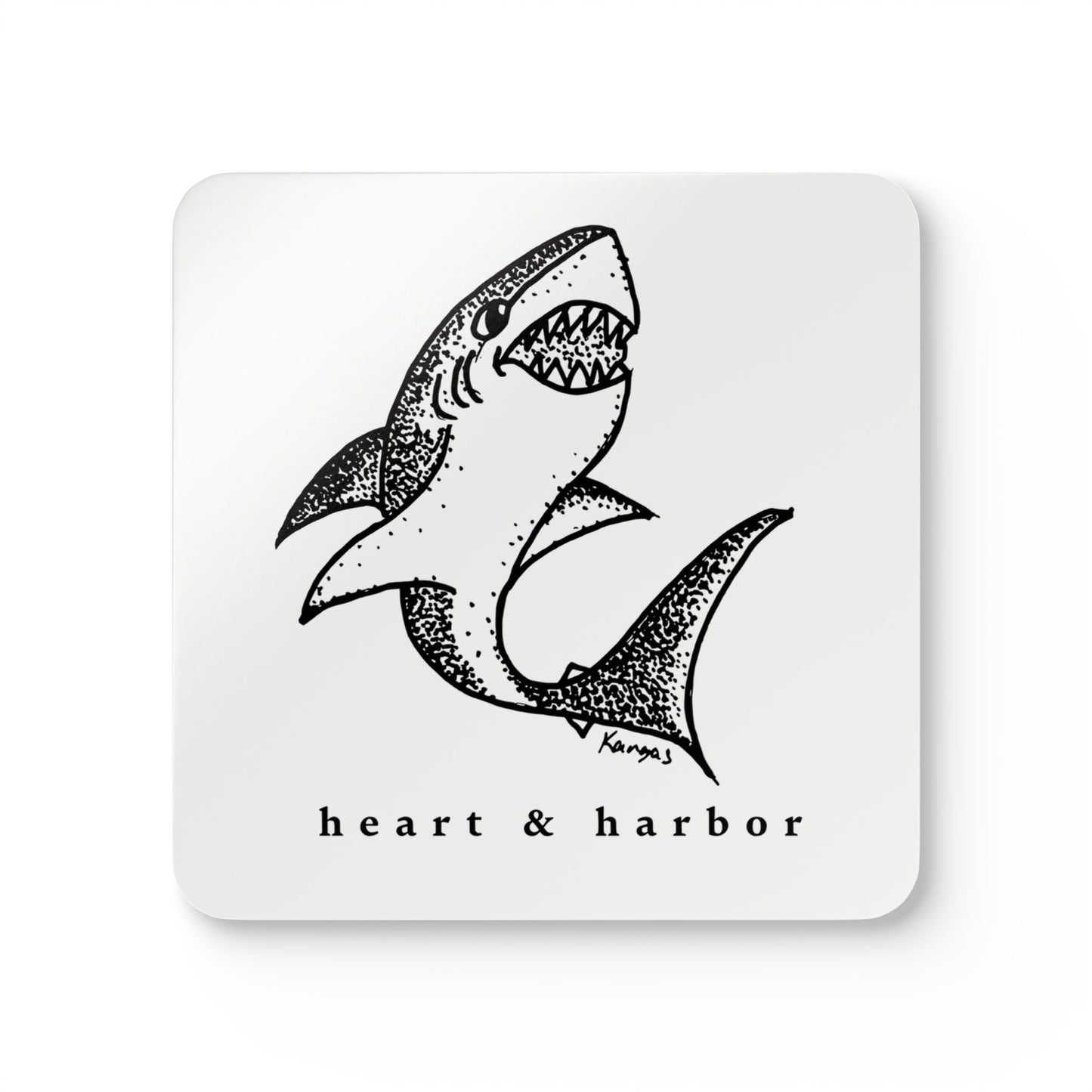 Shark Coaster Set | Hand-Drawn | Glossy Cork-Backed | Heart & Harbor | White