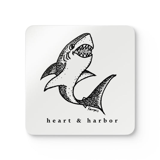 Shark Coaster Set | Hand-Drawn | Glossy Cork-Backed | Heart & Harbor | White