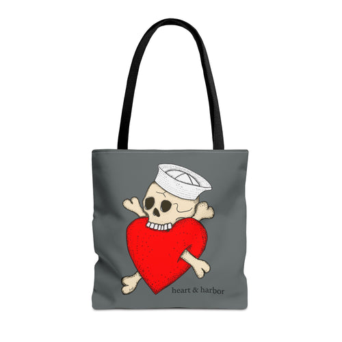 "Eat Your Heart Out" Sailor Skull Tote Bag | Durable Tote Bag | Heart & Harbor | Grey