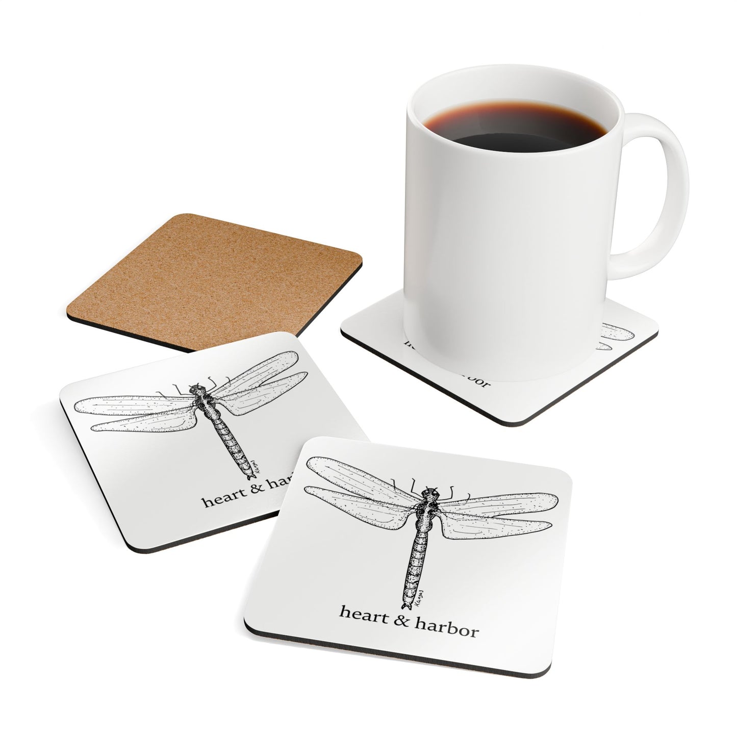 Hand-Drawn Dragonfly Coaster Set | Glossy Cork-Backed | Heart & Harbor | White