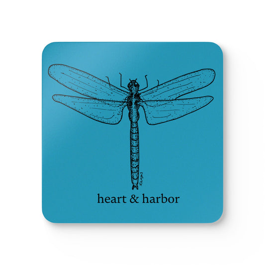 Hand-Drawn Dragonfly Coaster Set | Glossy Cork-Backed Nature Decor | Heart & Harbor | Teal