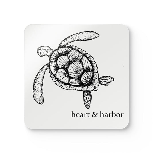 Sea Turtle Coaster Set | | Hand-Drawn | Glossy Cork-Backed | Heart & Harbor | White