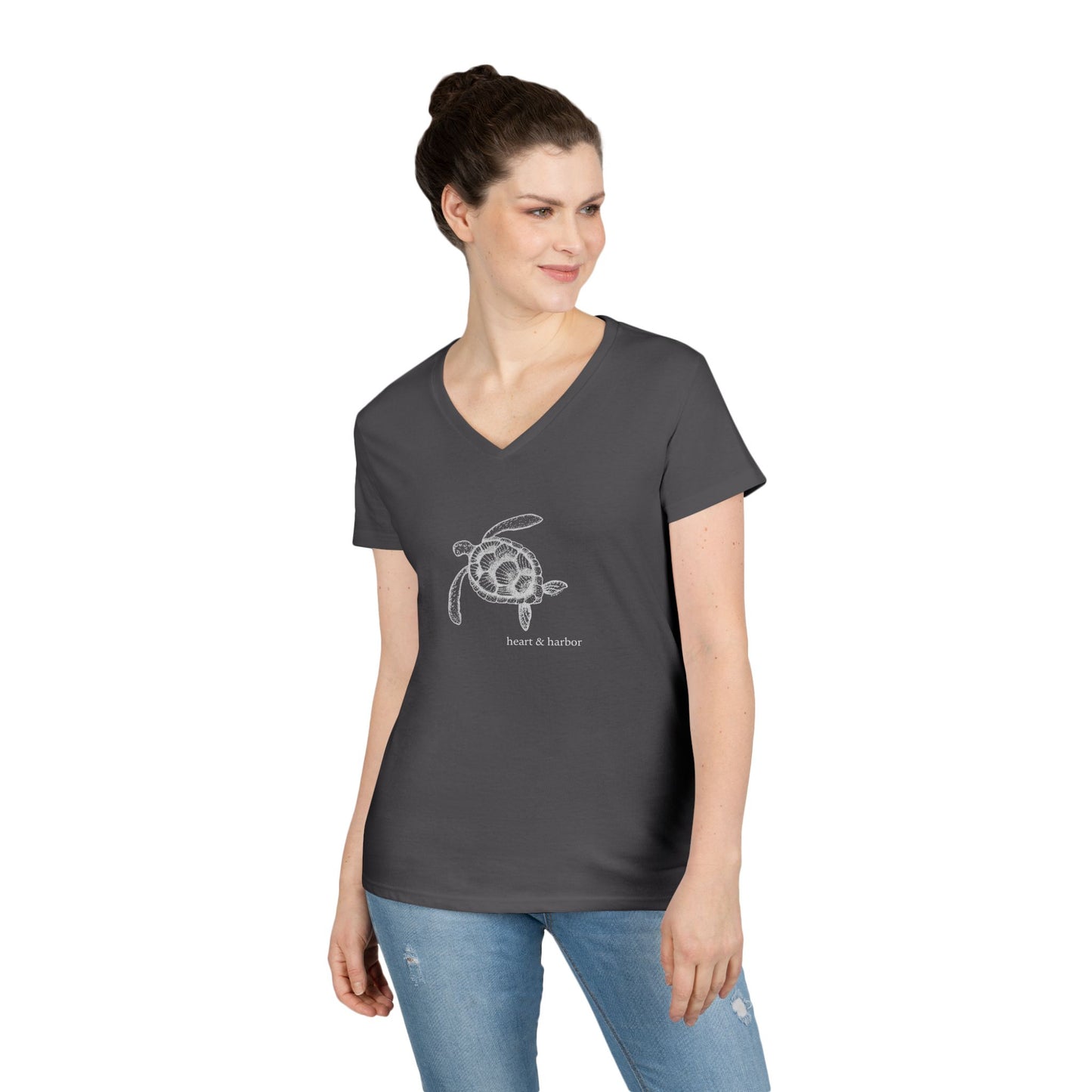 Sea Turtle Ladies V-Neck T-Shirt - White Ink