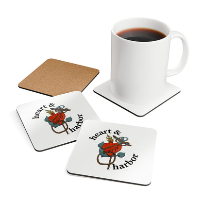 Heart & Harbor Official Logo Coaster Set | Glossy Cork-Backed Nautical Decor