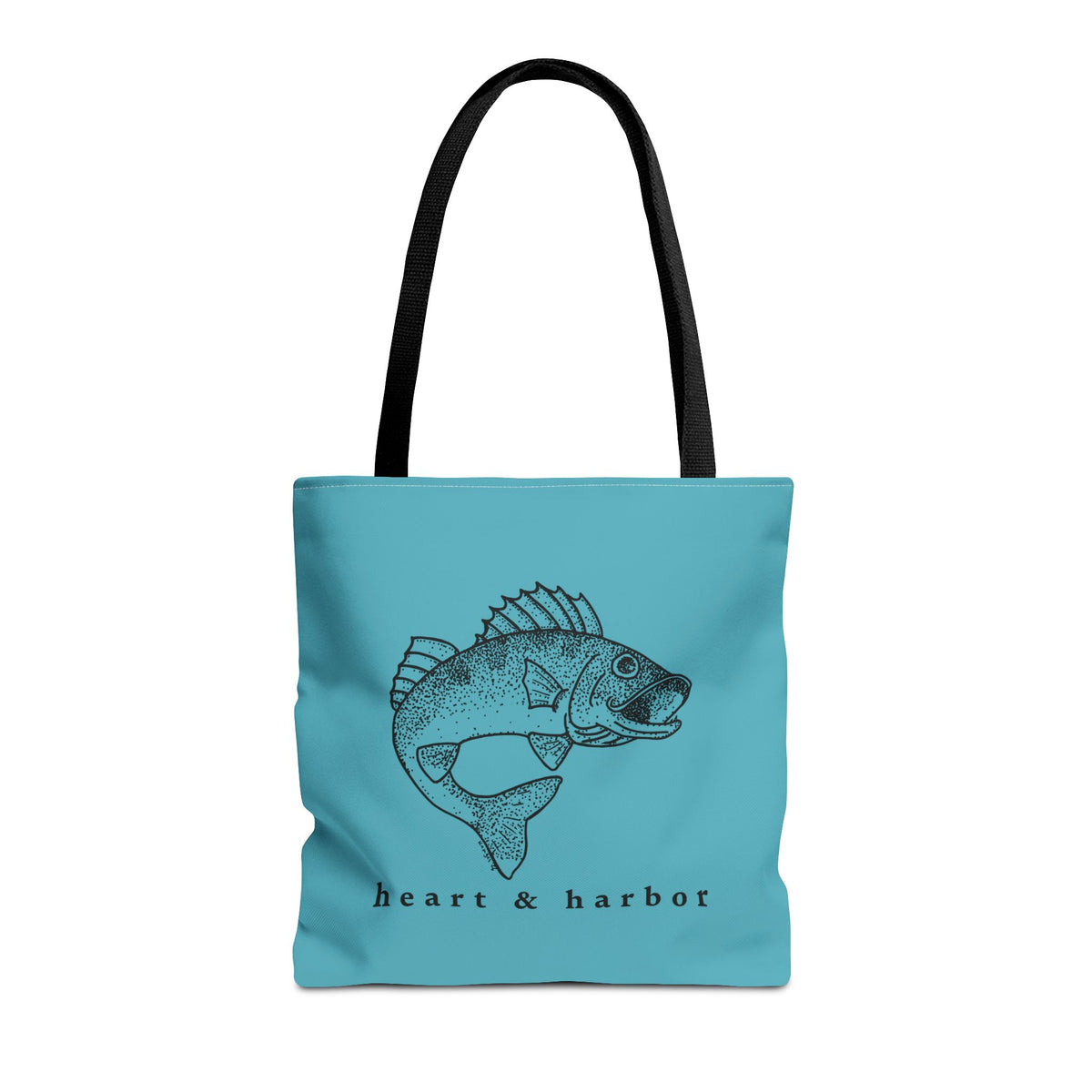 16-inch turquoise tote bag featuring Heart & Harbor’s hand-drawn walleye design
