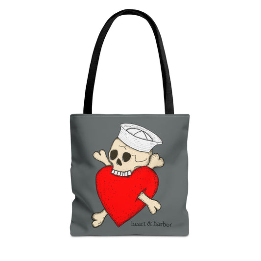 "Eat Your Heart Out" Sailor Skull Tote Bag | Durable Tote Bag | Heart & Harbor | Grey