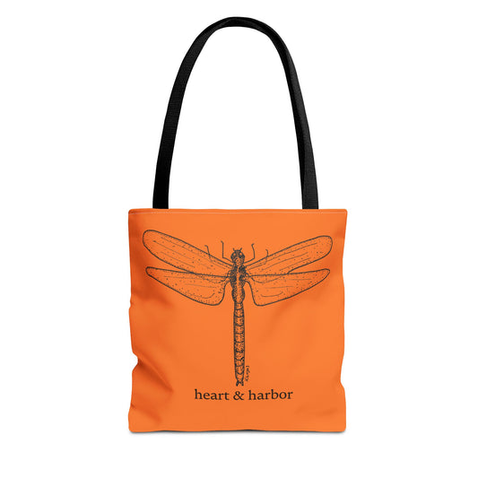 Orange Tote Bag with Hand Drawn Dragonfly Design
