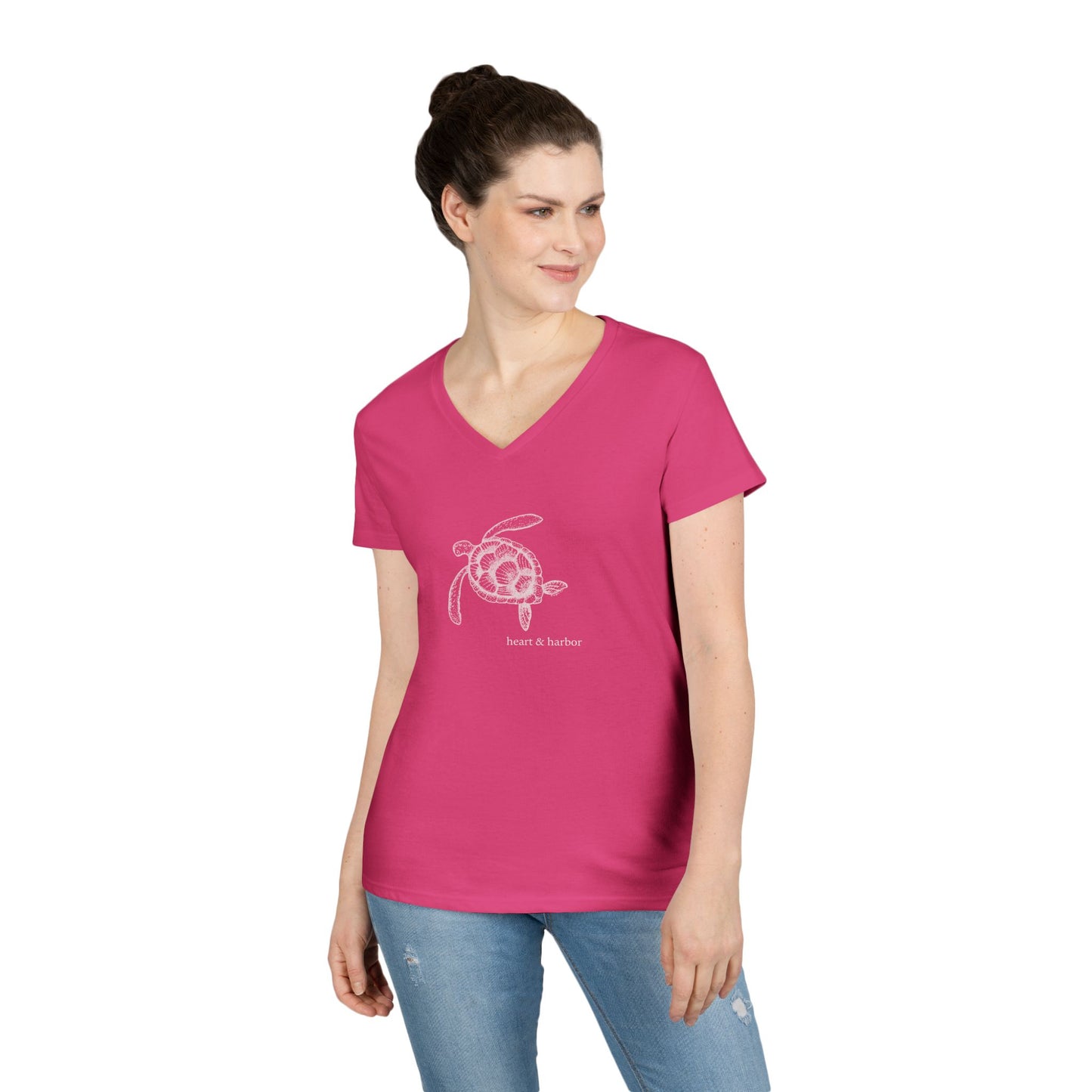 Sea Turtle Ladies V-Neck T-Shirt - White Ink