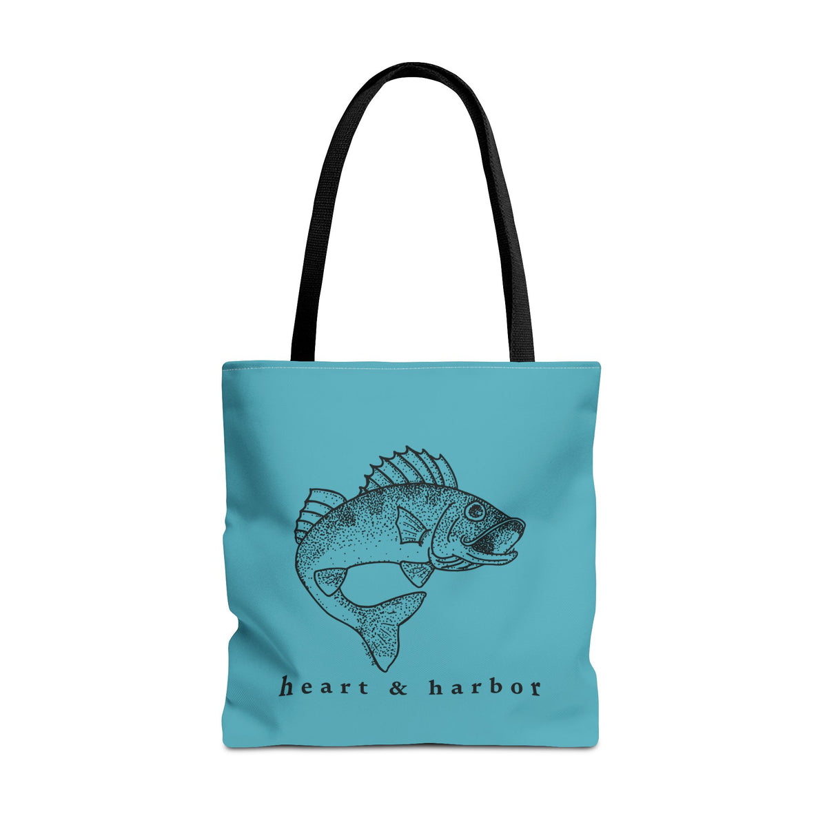 18-inch turquoise tote bag with black handles and original Fishstringer’s Favorite walleye artwork
