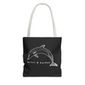 Black tote bag with white handles and original hand-drawn white dolphin artwork by Heart & Harbor