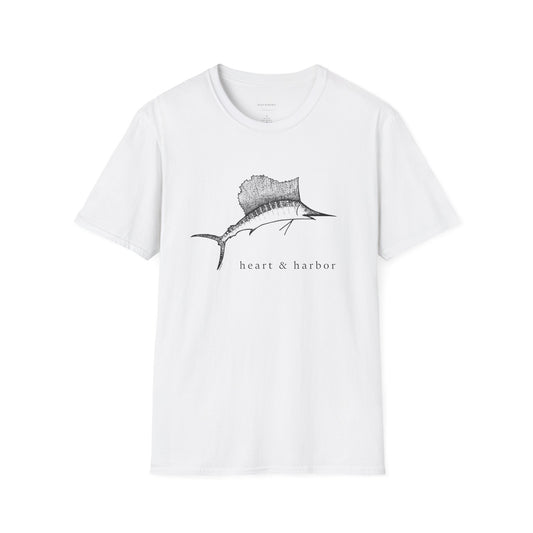 White t-shirt with black sailfish hand-drawn by heart & harbor.