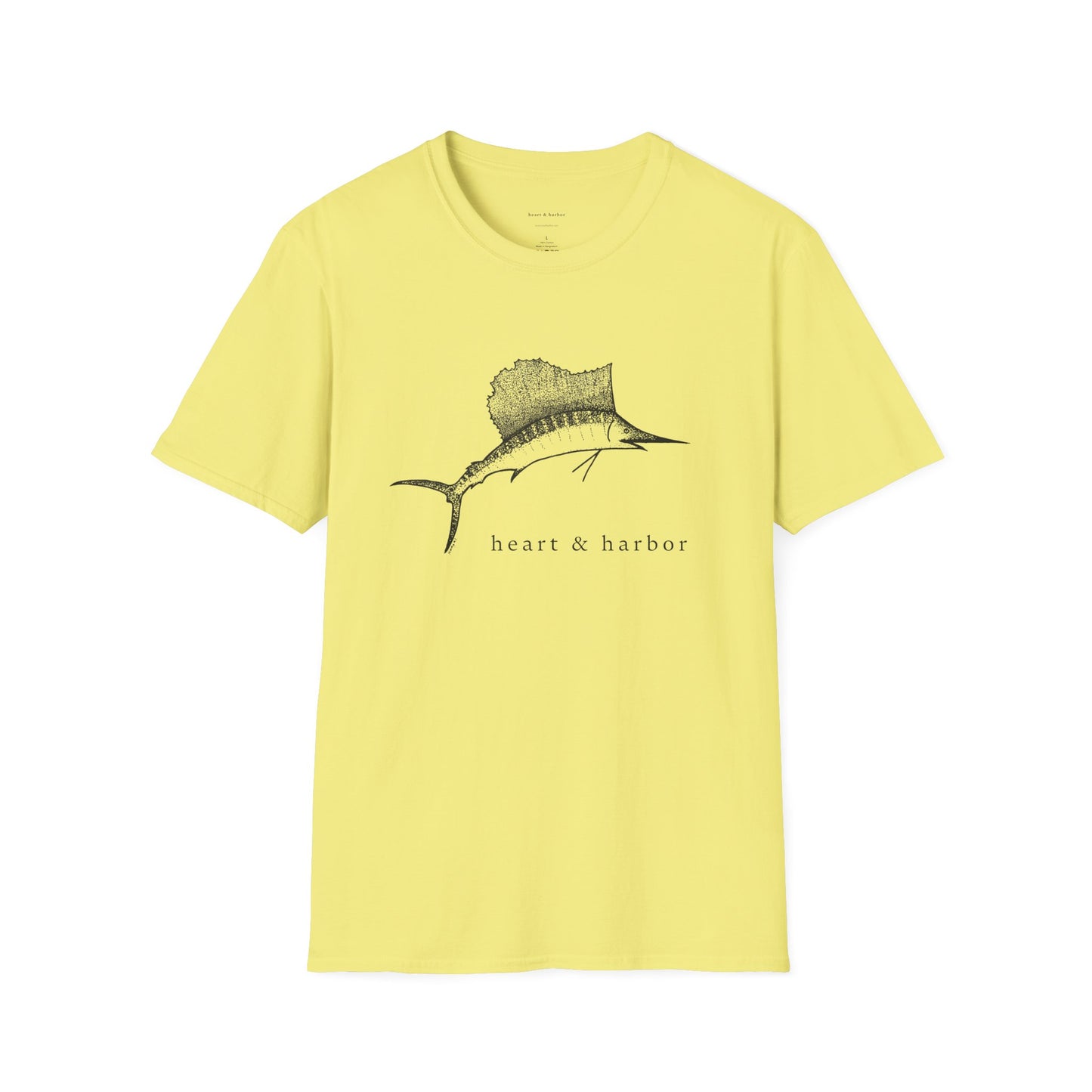 Yellow t-shirt with black sailfish hand-drawn by heart & harbor.
