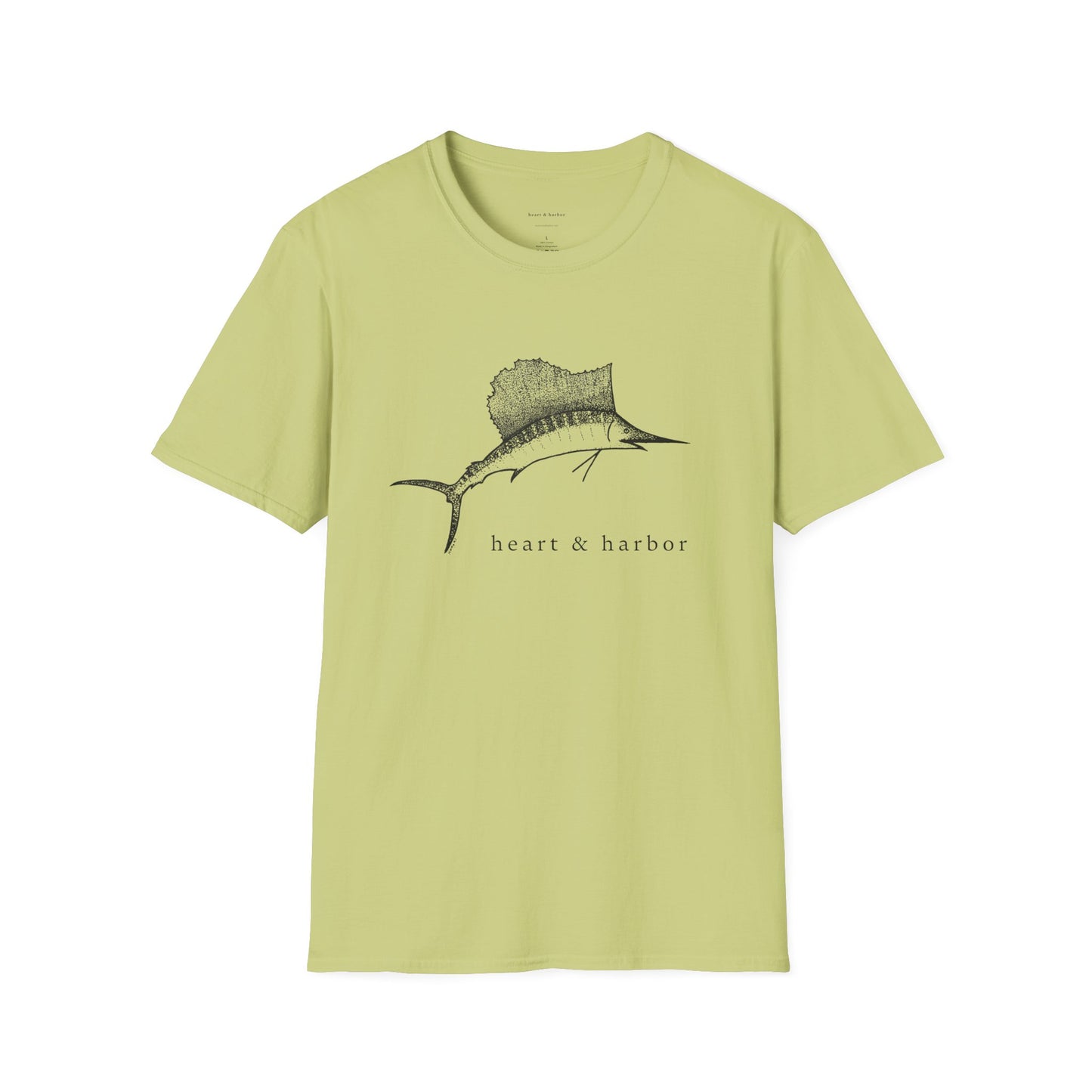 Mint green t-shirt with black sailfish hand-drawn by heart & harbor.