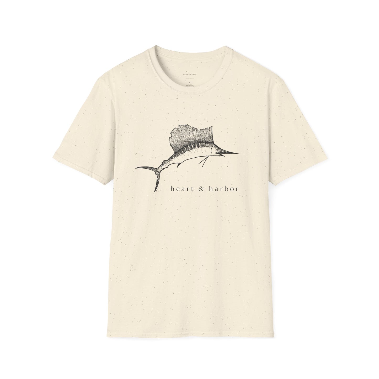 Sand t-shirt with black sailfish hand-drawn by heart & harbor.