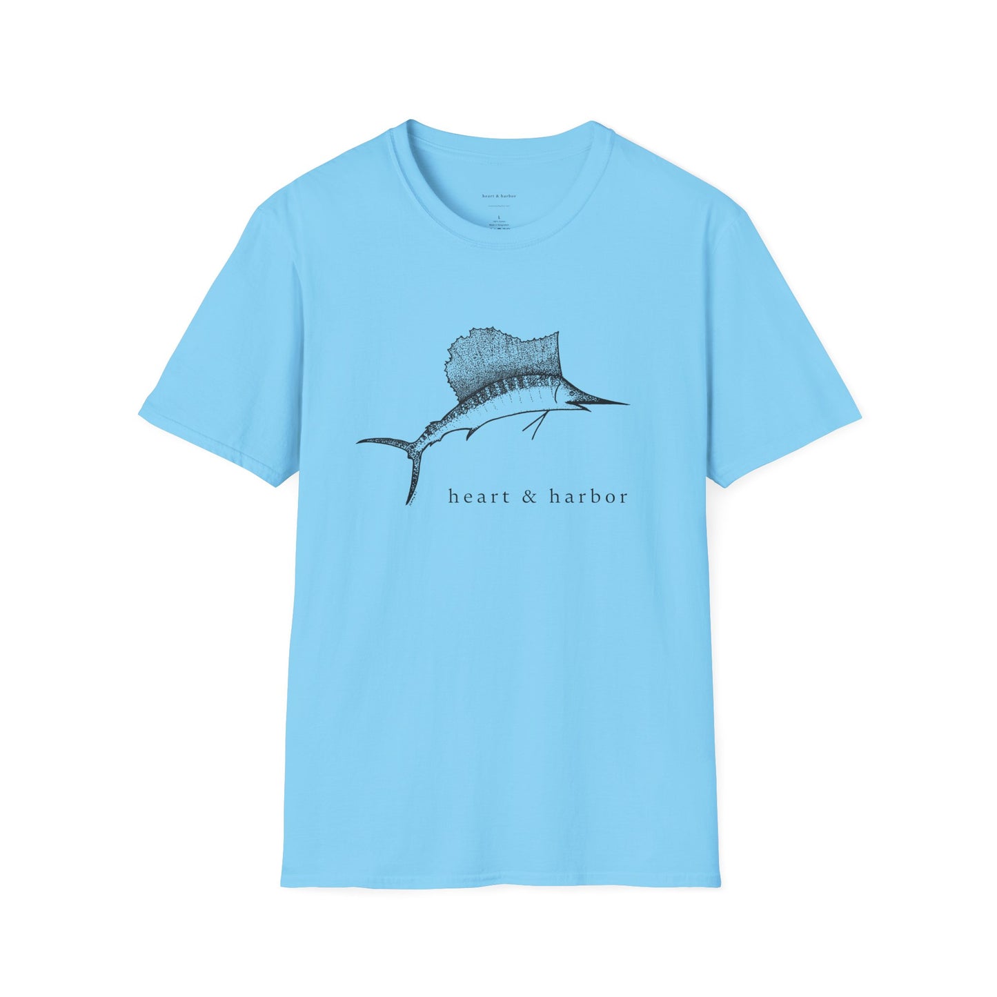 Sky blue t-shirt with black sailfish hand-drawn by heart & harbor.