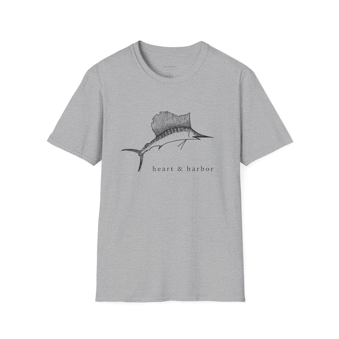 Grey t-shirt with black sailfish hand-drawn by heart & harbor.