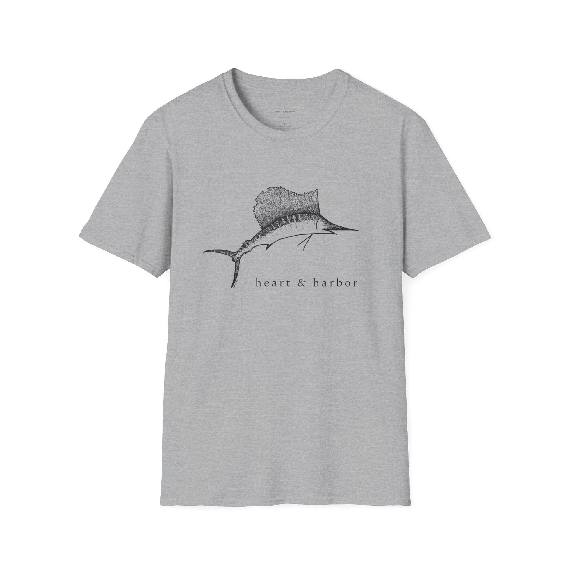 Grey t-shirt with black sailfish hand-drawn by heart & harbor.