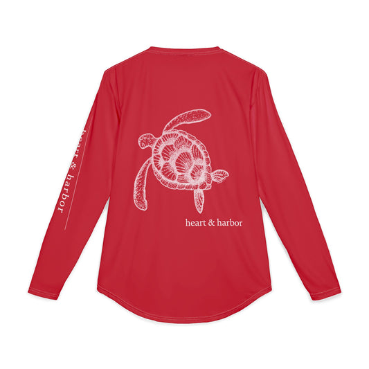 Sea Turtle UV Sun Protection Shirt: Hand-Drawn, Quick-Dry Long Sleeve Beach & Boating Tee (Red)