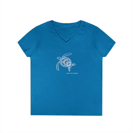 Sea Turtle V-Neck Tee | Women's Hand-Drawn Coastal Graphic T-Shirt