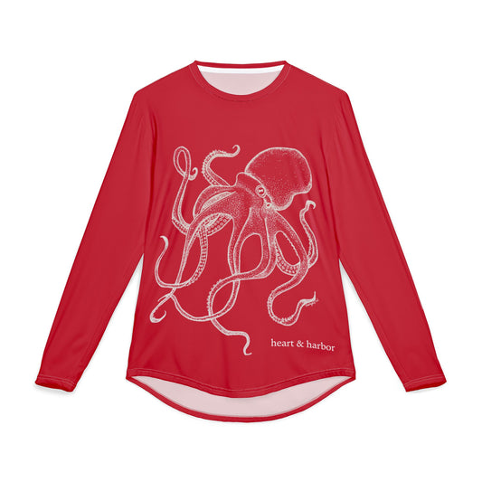 Octopus UV Sun Protection Shirt - Hand-Drawn  - Long Sleeve Fishing & Beach Tee - Dark Red