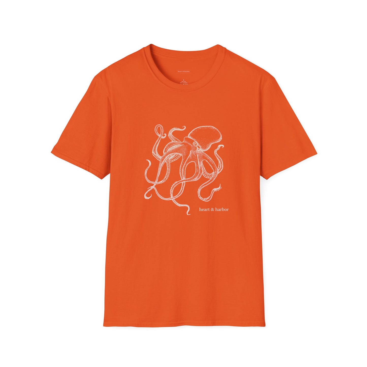 Orange t-shirt with octopus design in white ink