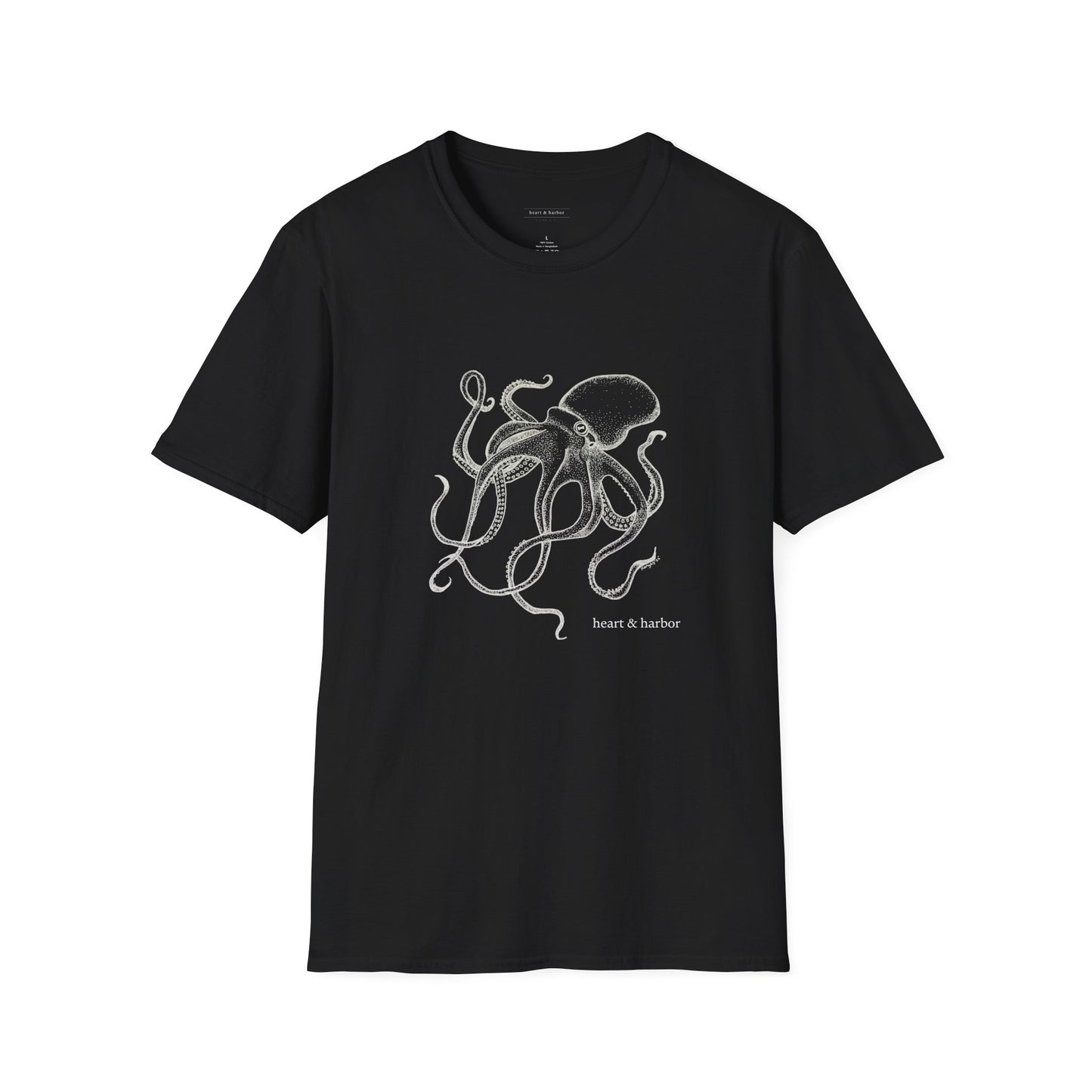 Black t-shirt with octopus design in white ink