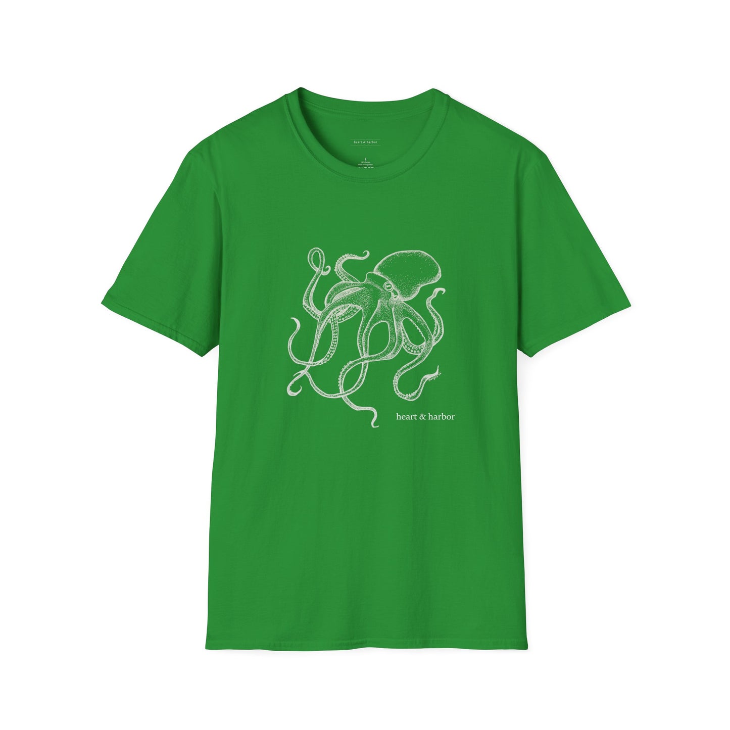 Irish Green t-shirt with octopus design in white ink