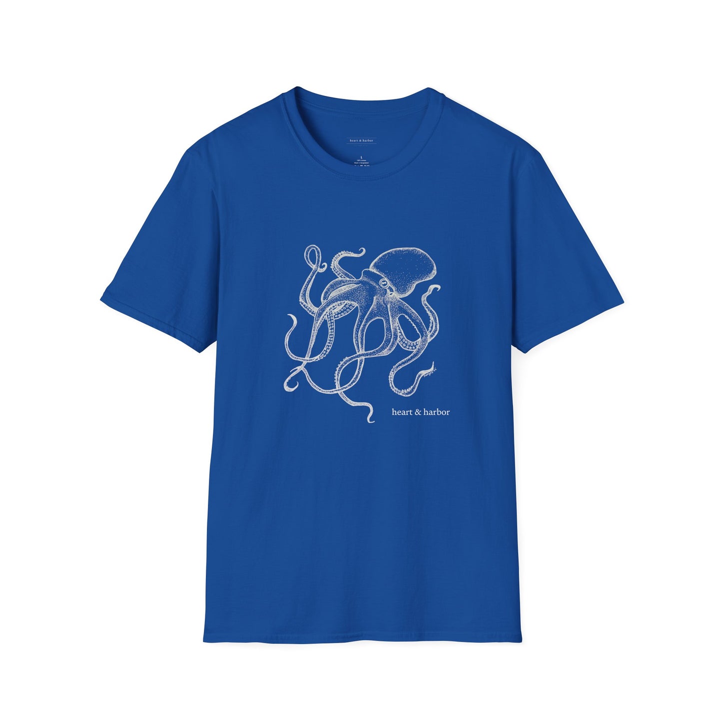 Royal blue t-shirt with octopus design in white ink
