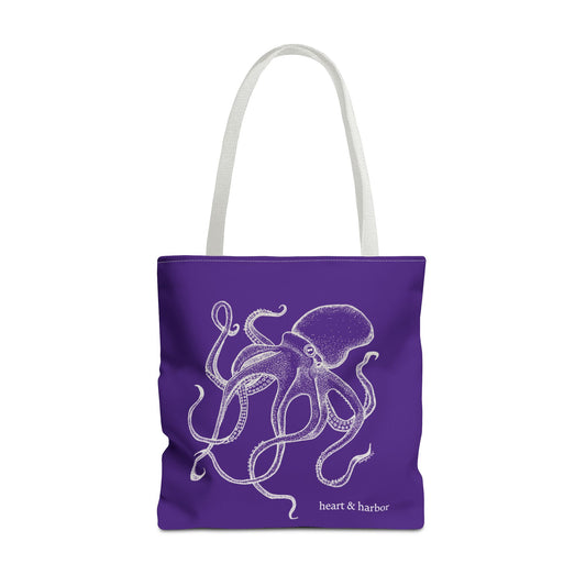 Purple tote bag with white octopus design and white handles
