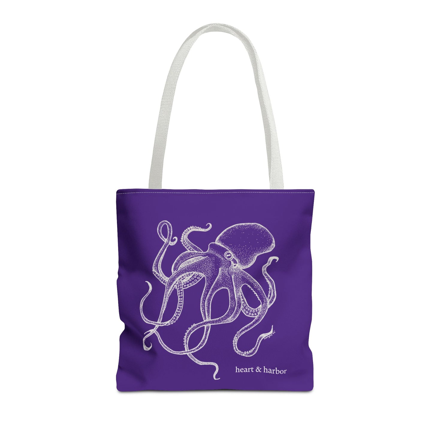 Purple tote bag with white octopus design and white handles