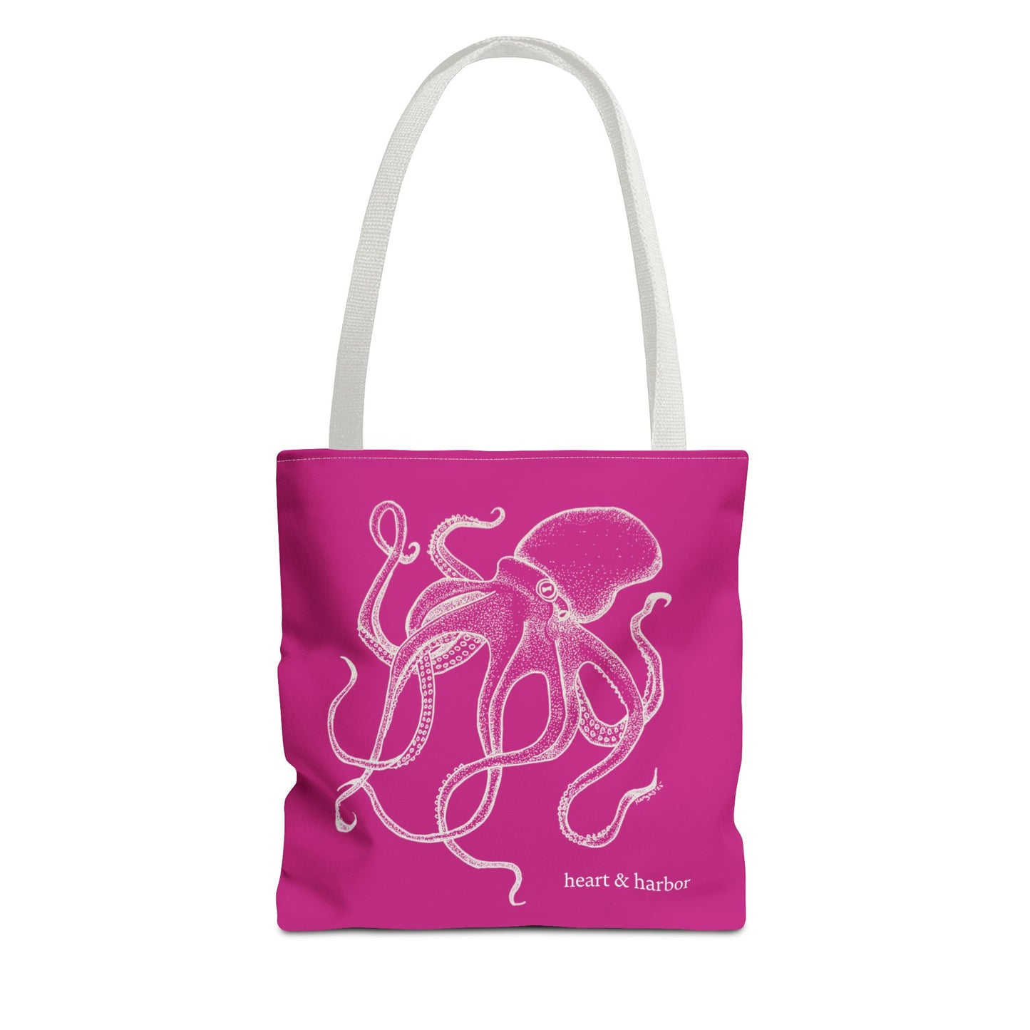 Pink tote bag with white octopus design and white handles