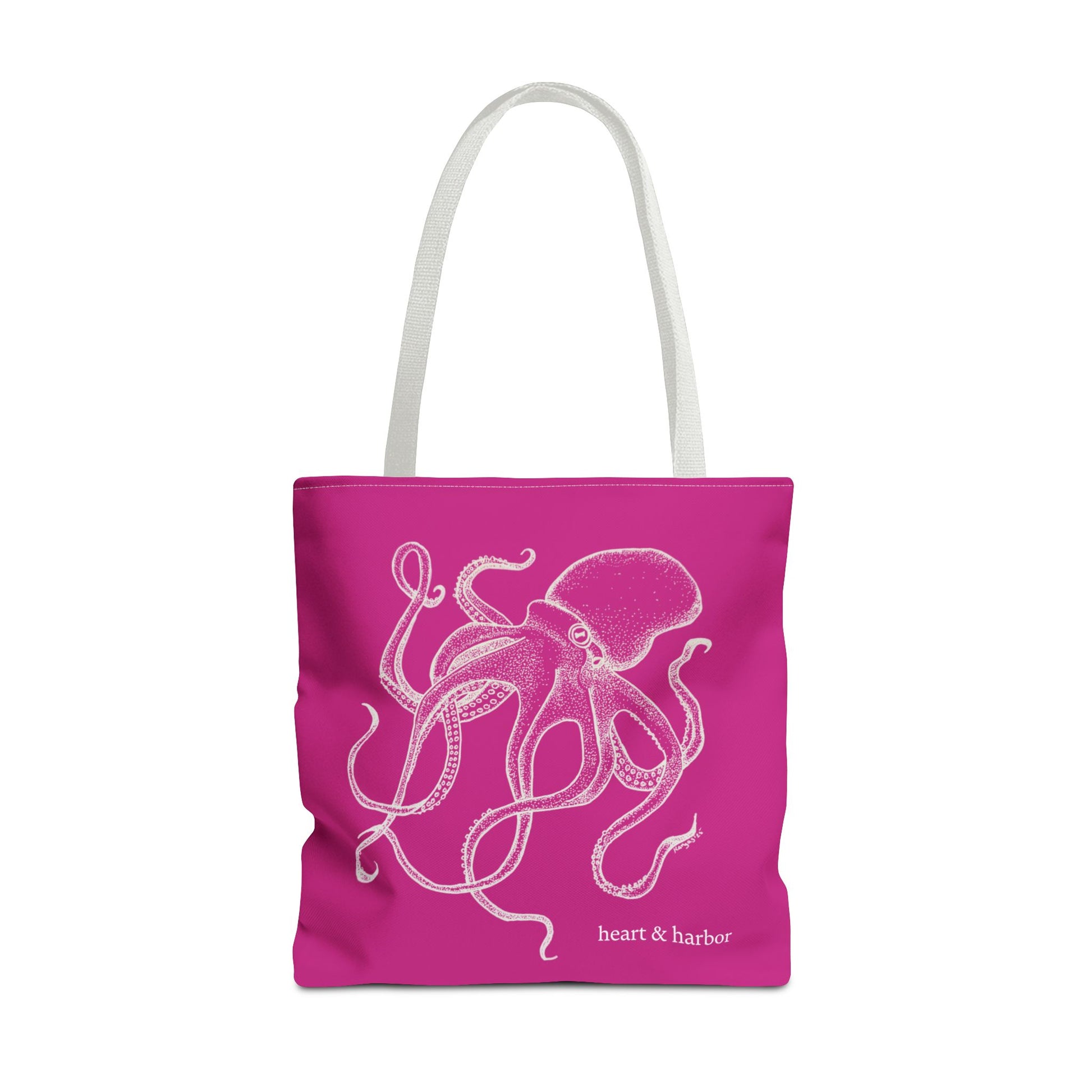 Pink tote bag with white octopus design and white handles