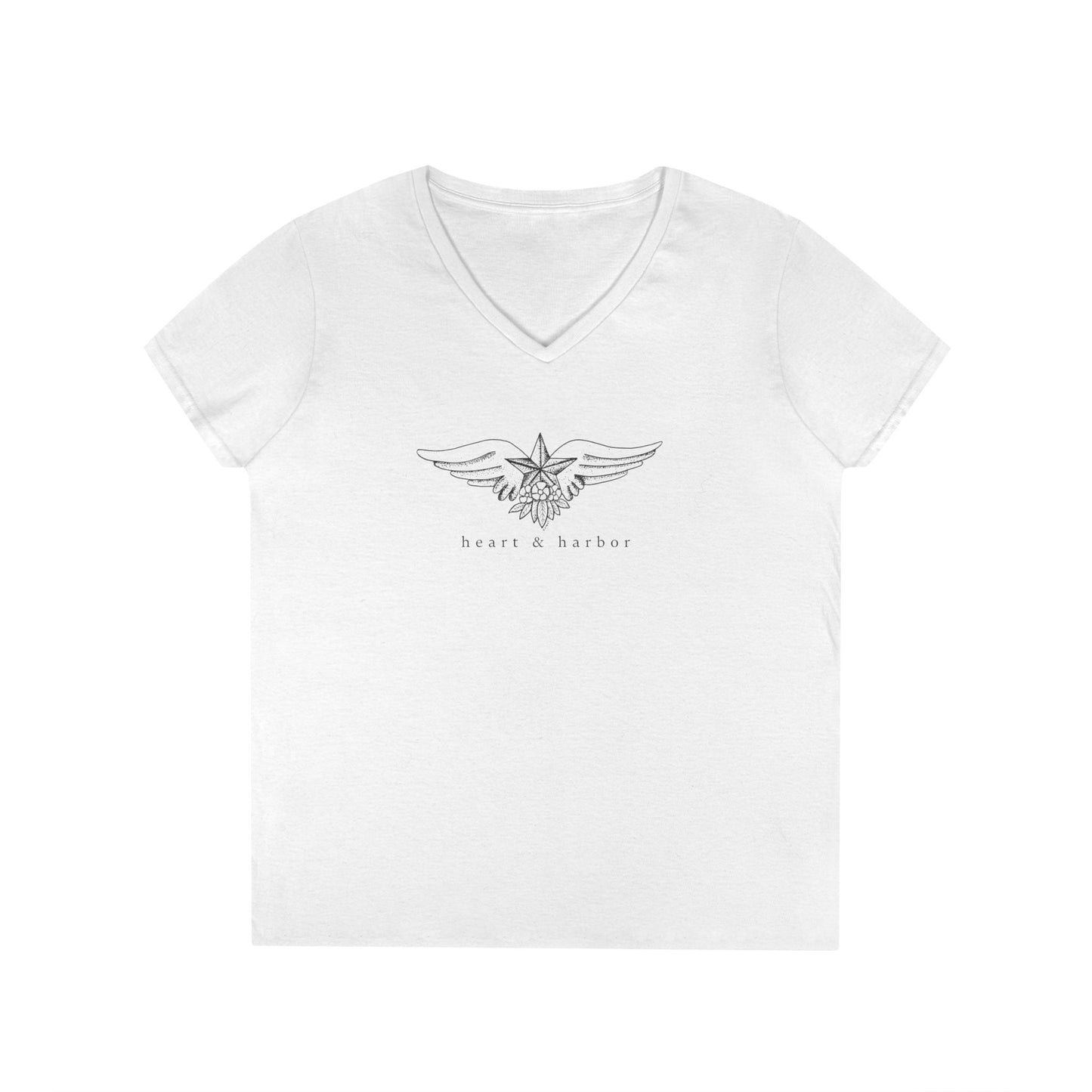 White v-neck ladies tee with nautical star with wings and floral art