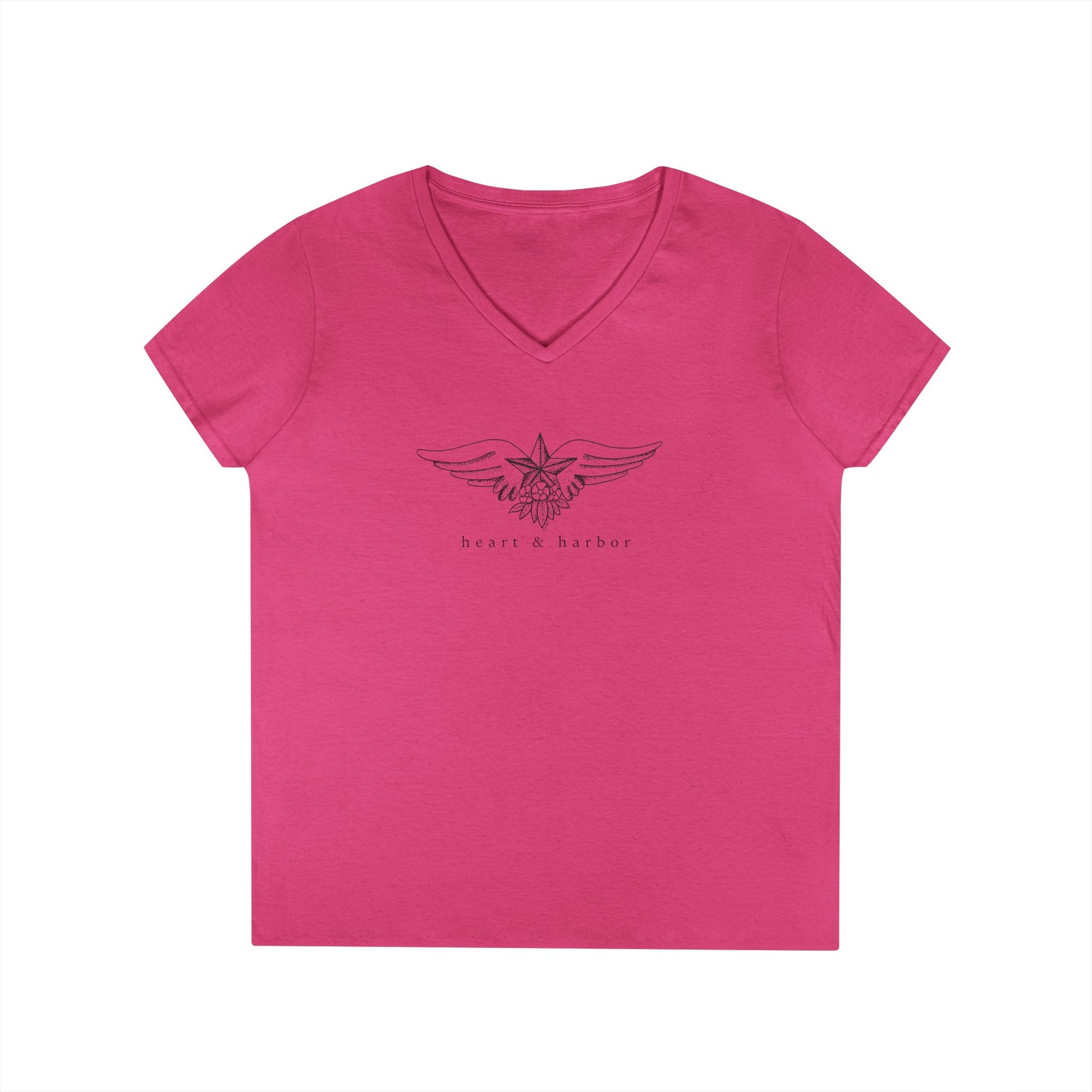 Bright pink v-neck ladies tee with nautical star with wings and floral art