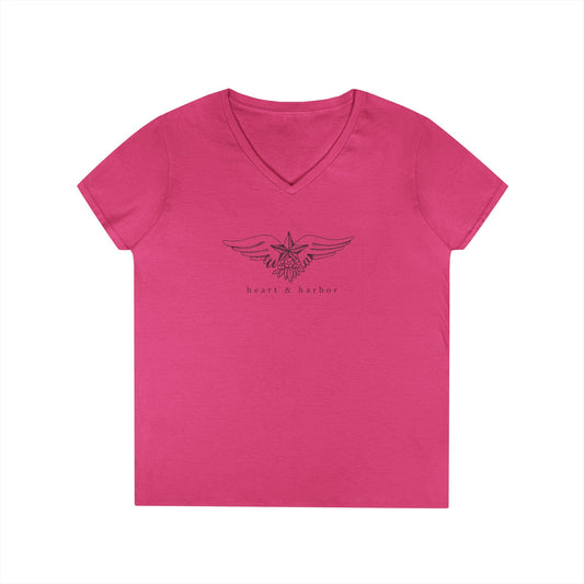 Bright pink v-neck ladies tee with nautical star with wings and floral art