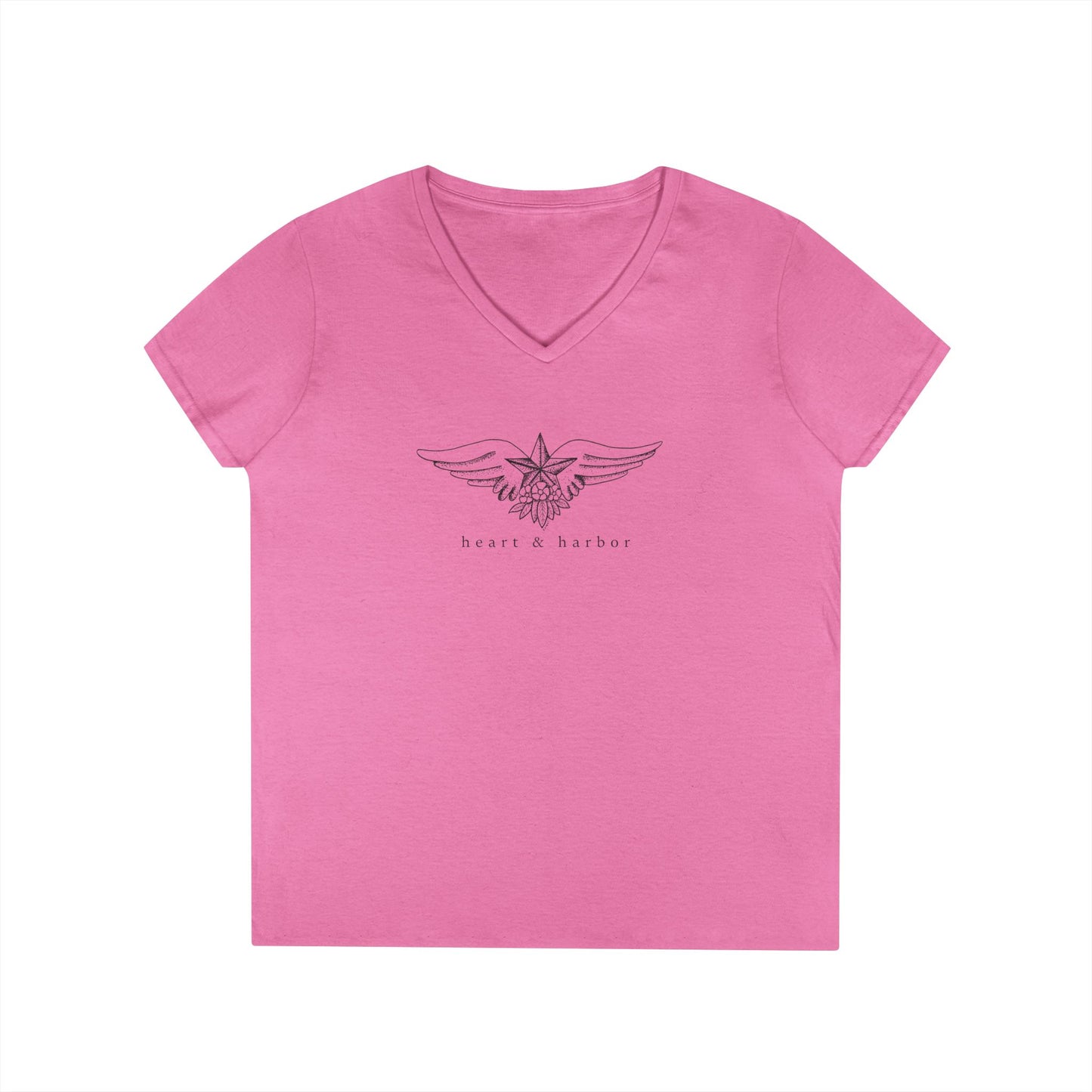 Pink v-neck ladies tee with nautical star with wings and floral art