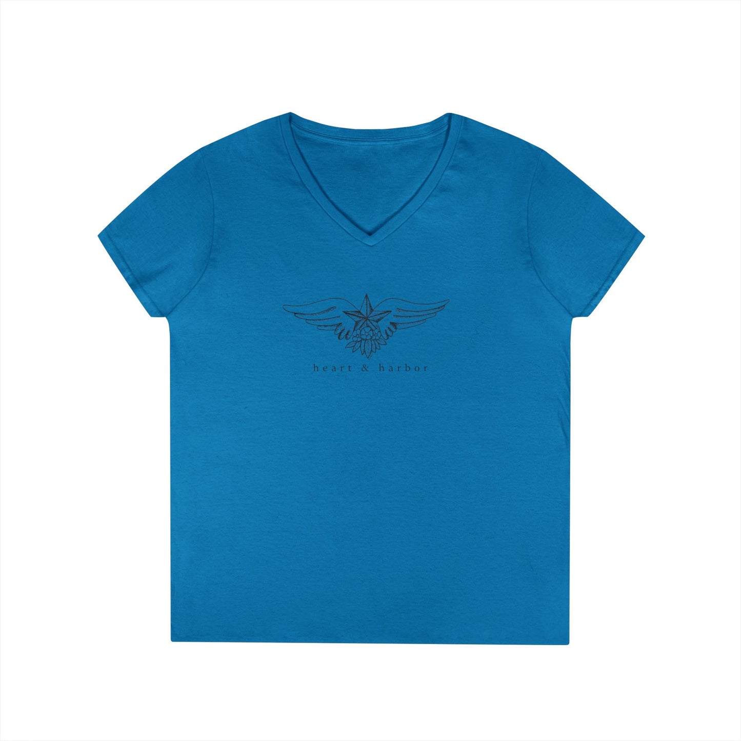 Sapphire blue v-neck ladies tee with nautical star with wings and floral art