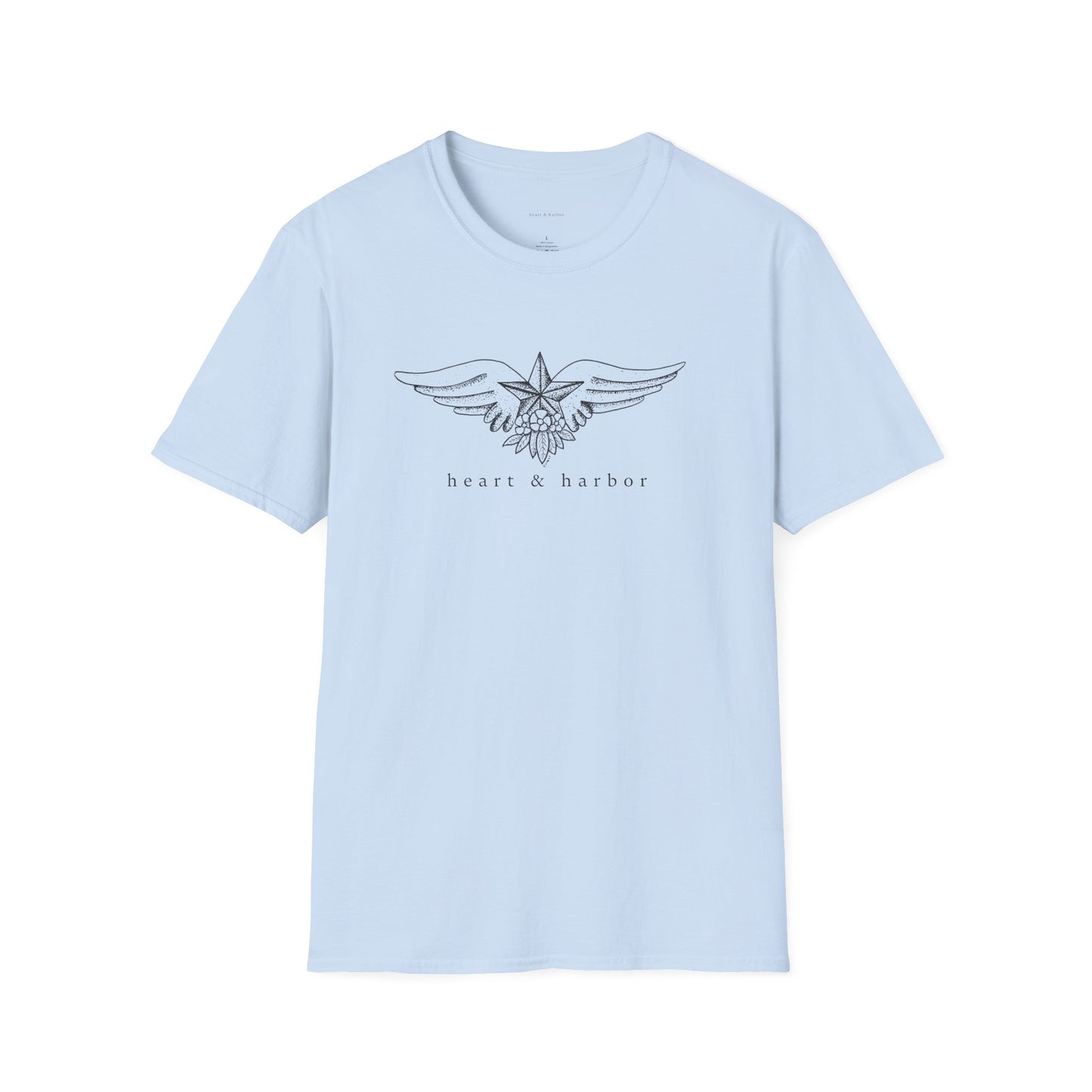 Light blue t-shirt with vintage tattoo style nautical star with wings original art.