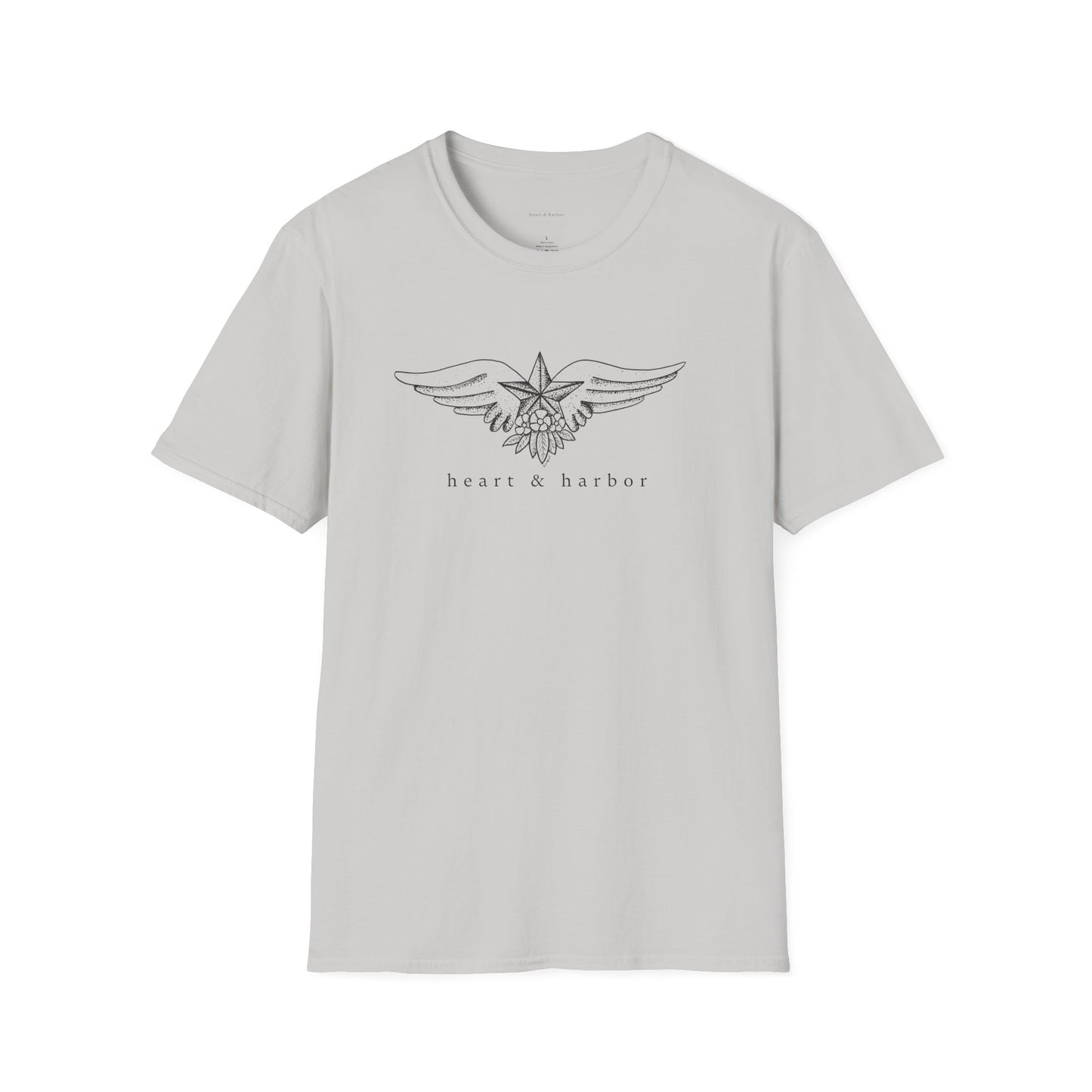 Light grey t-shirt with vintage tattoo style nautical star with wings original art.