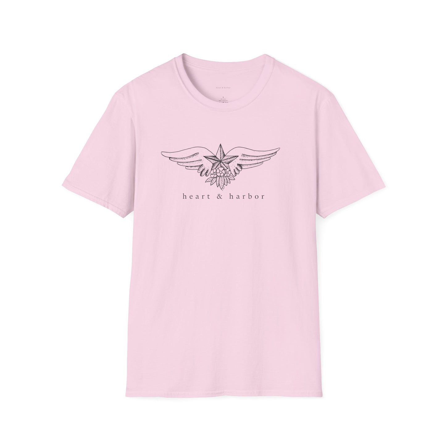 Light pink t-shirt with vintage tattoo style nautical star with wings original art.